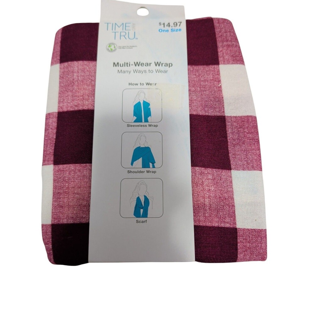 TIME & TRU Womens Multi Wear Wrap Shawl Scarf Small Pink White Plaid  New